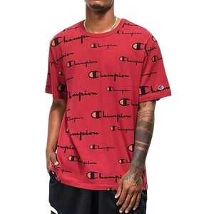 Champion Shirt Adult Small Maroon Black Spell Out Logo All Over Print Mens